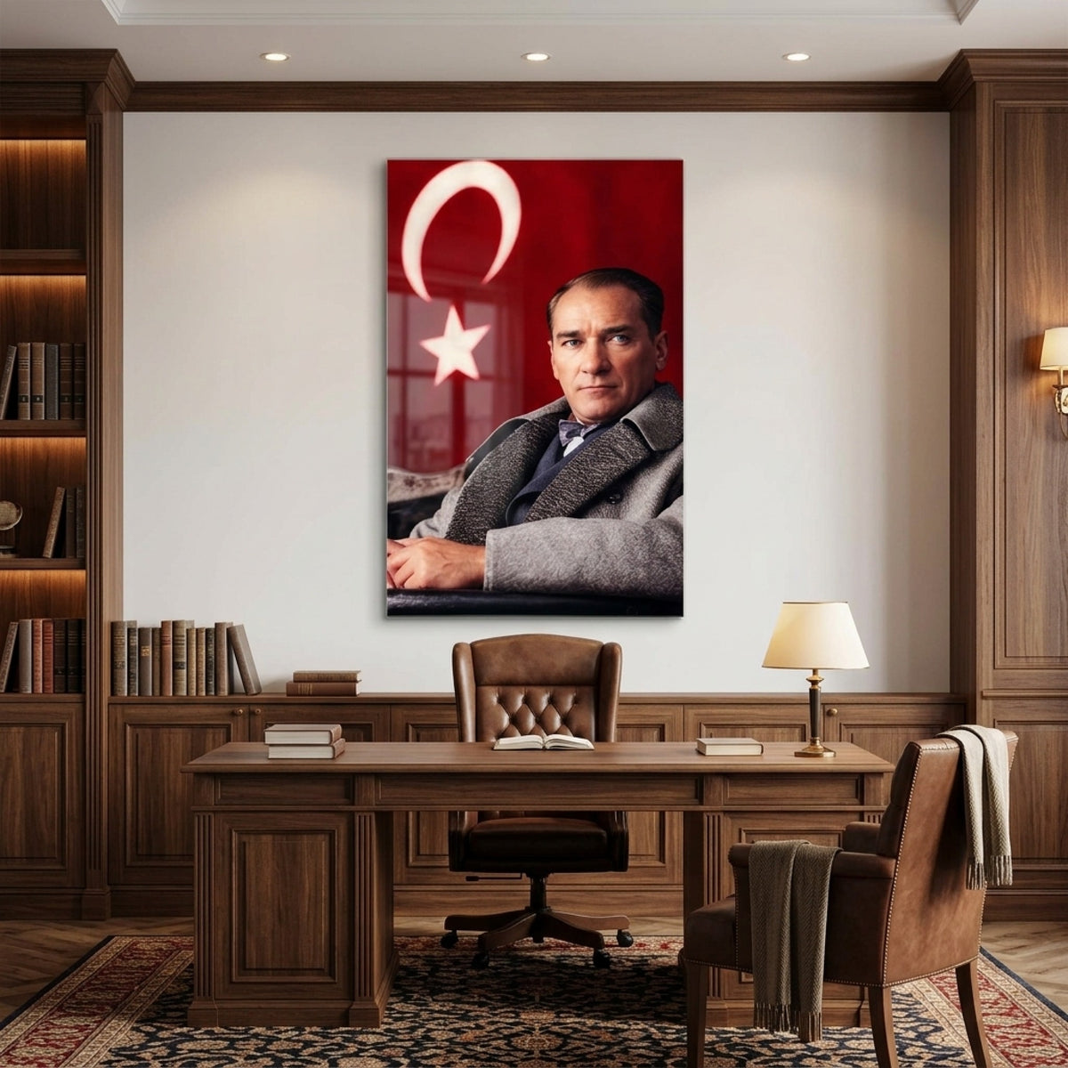 Atatürk Portresi Bayraklı Dikey Cam Tablo