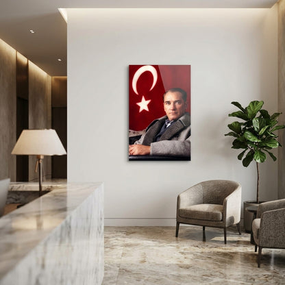 Atatürk Portresi Bayraklı Dikey Cam Tablo