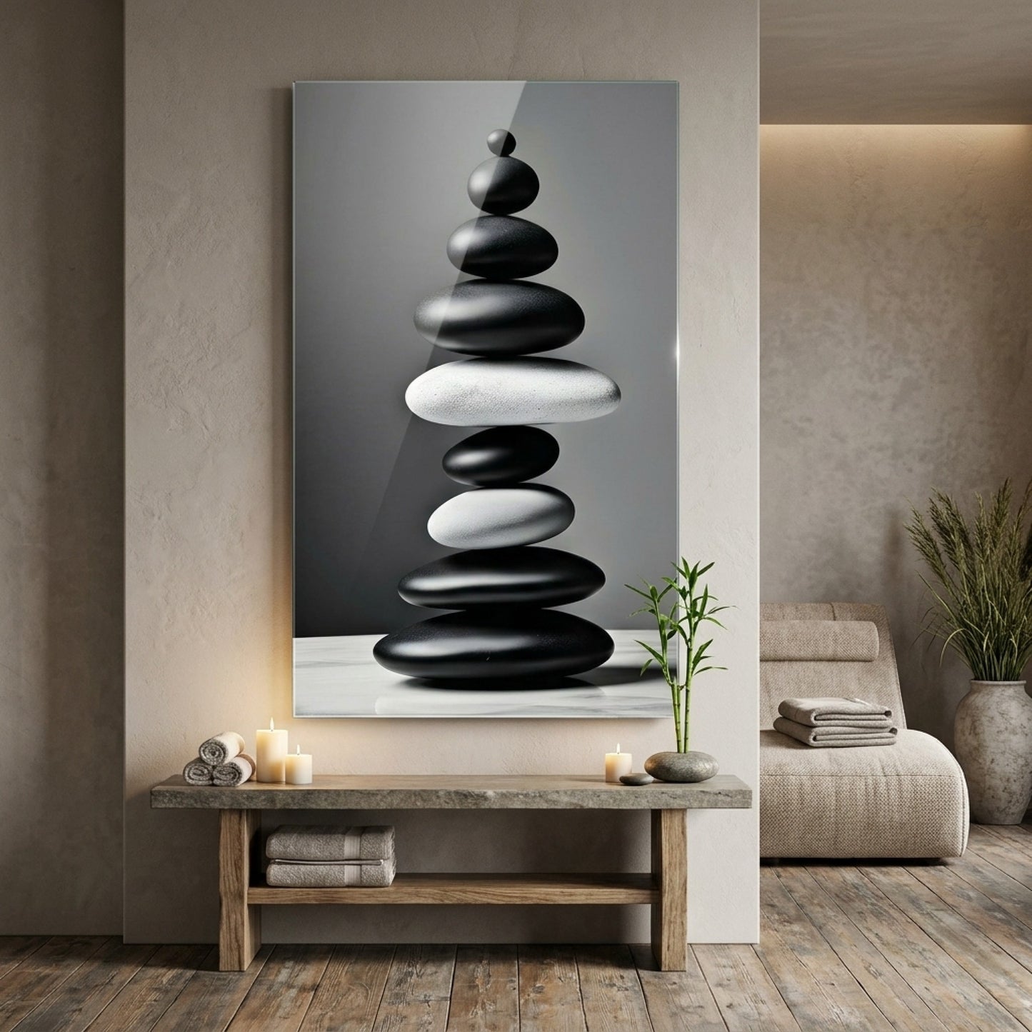 Siyah Beyaz Zen Dengeli Taşlar Dikey Cam Tablo