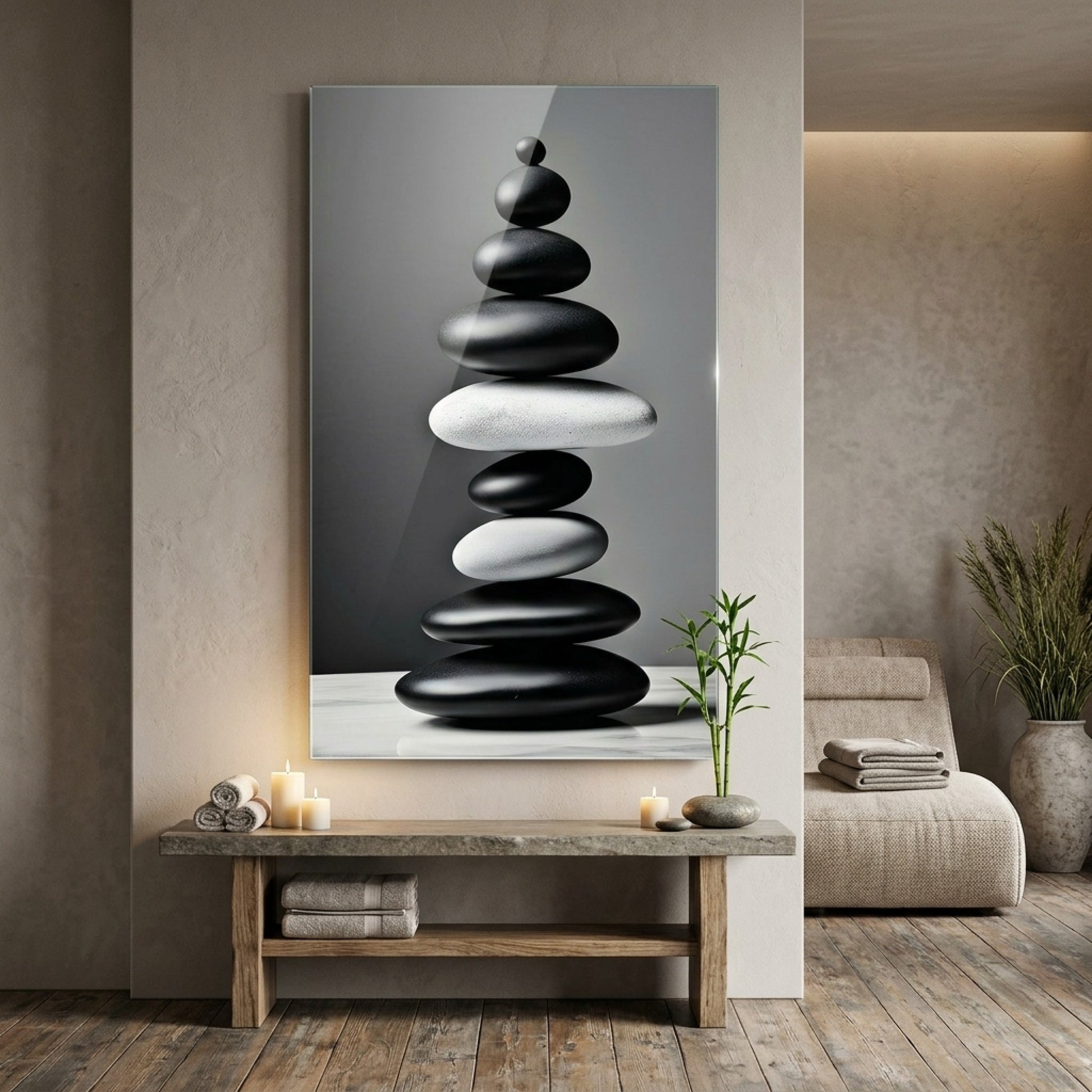 Siyah Beyaz Zen Dengeli Taşlar Dikey Cam Tablo
