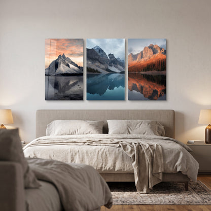 Karlı Dağ Gölü Yansıması 3lü Dikey 3'lü Set Cam Tablo
