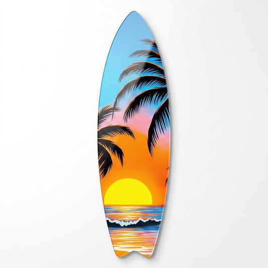Tropikal Gün Batımı Palmiye Surf Board Cam Tablo