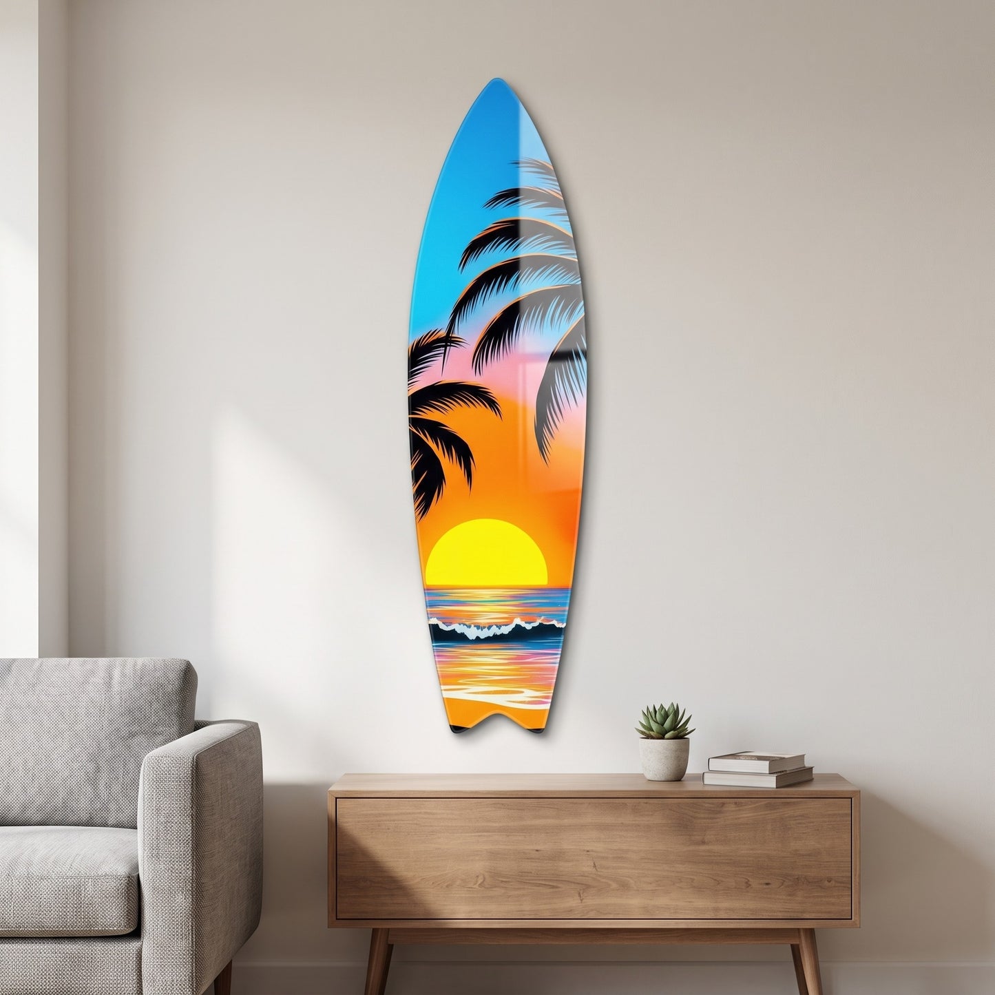 Tropikal Gün Batımı Palmiye Surf Board Cam Tablo