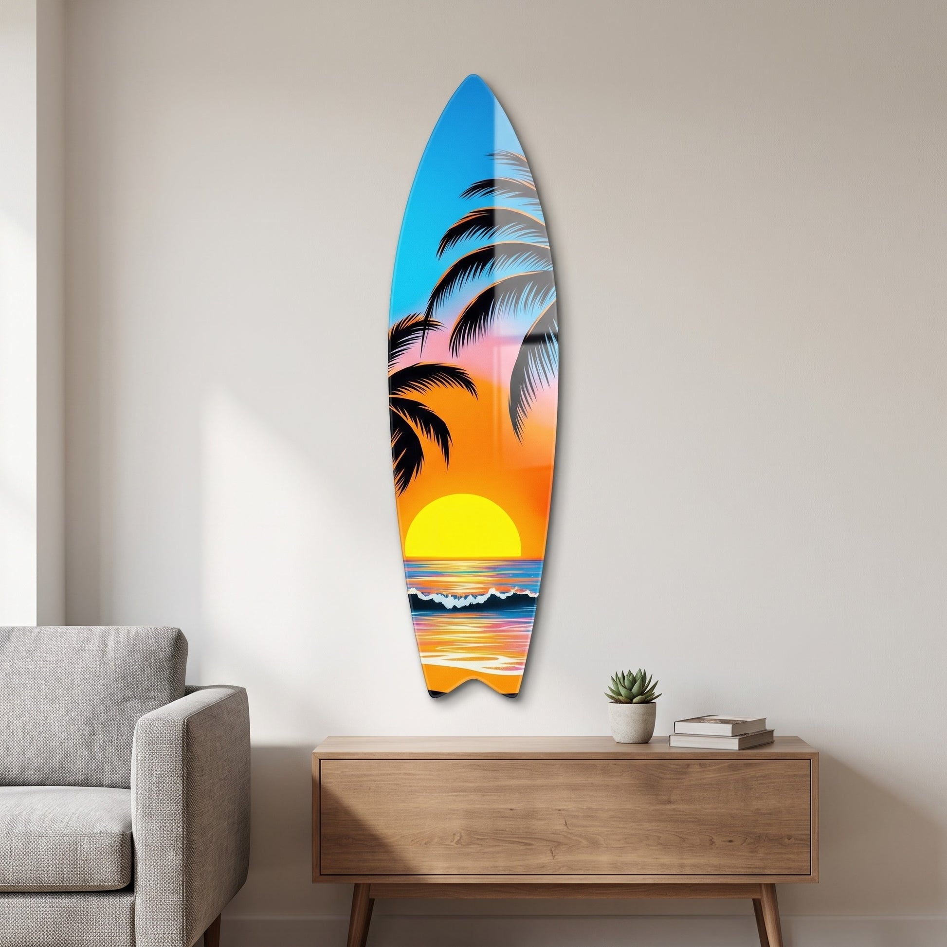 Tropikal Gün Batımı Palmiye Surf Board Cam Tablo