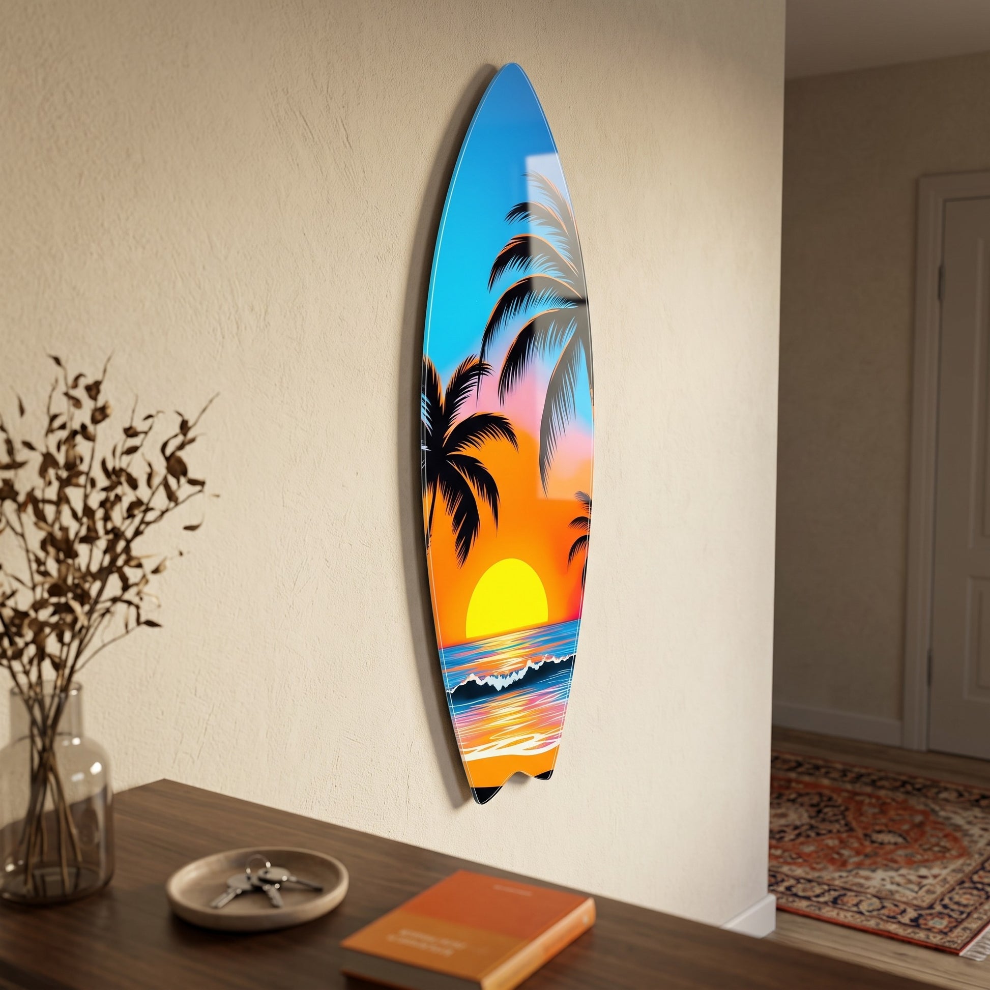 Tropikal Gün Batımı Palmiye Surf Board Cam Tablo