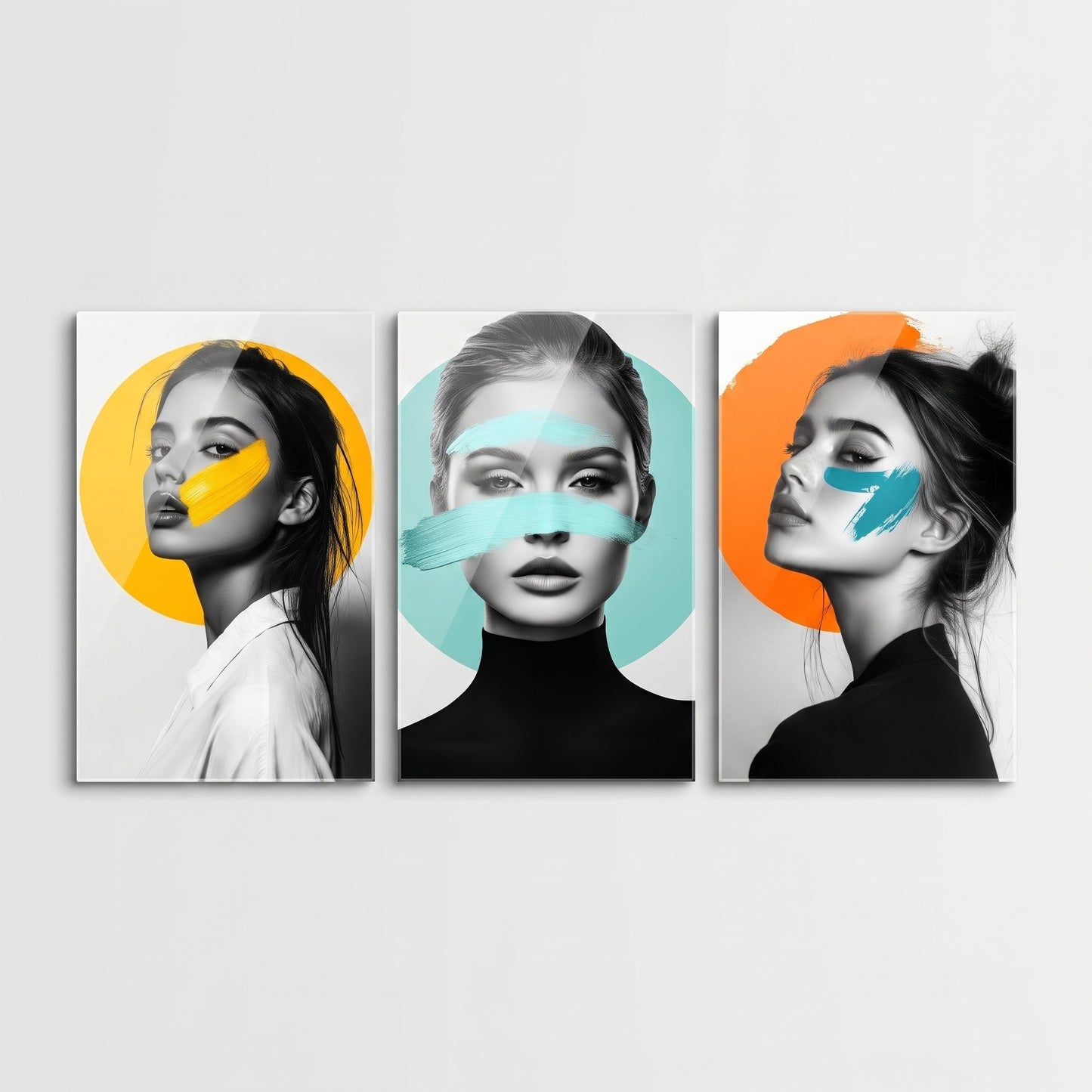 Pop Art Portre Renk Lekesi 3 Parça Dikey 3'lü Set Cam Tablo