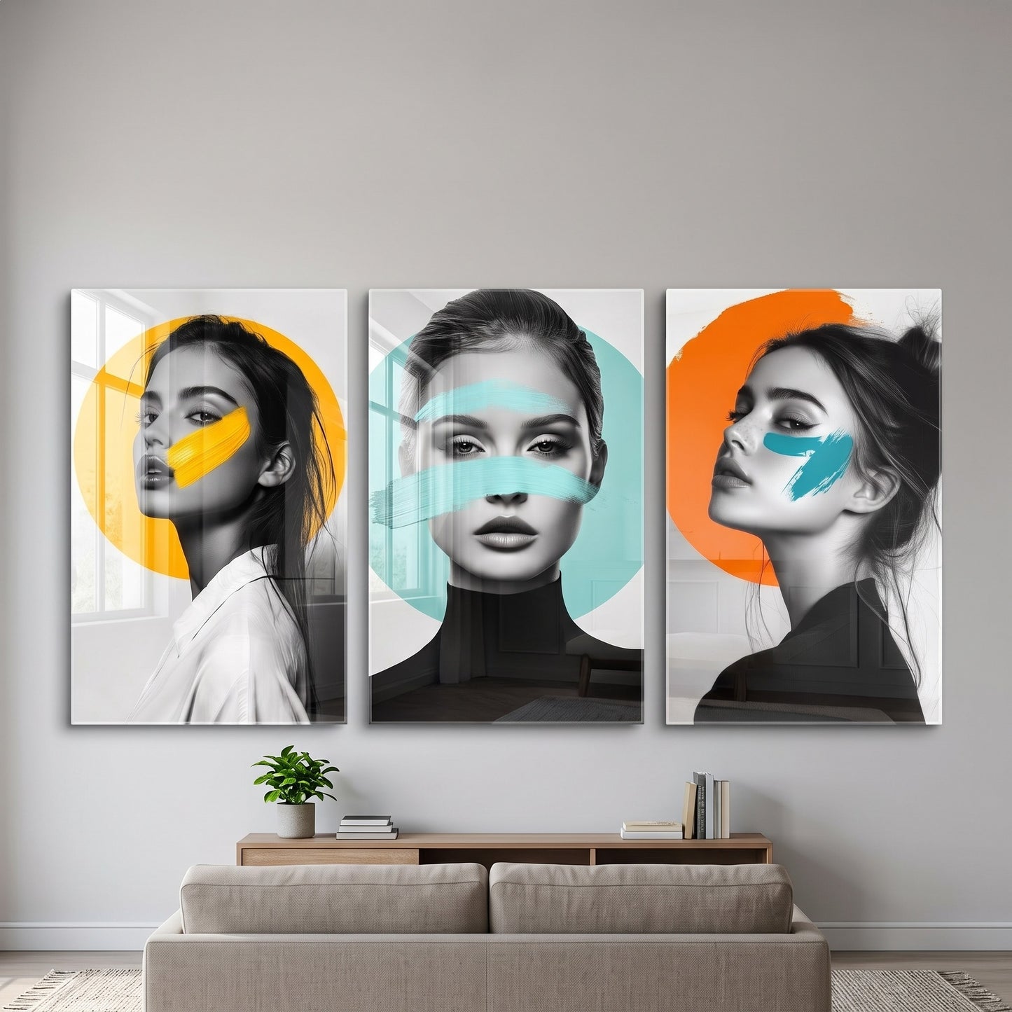 Pop Art Portre Renk Lekesi 3 Parça Dikey 3'lü Set Cam Tablo