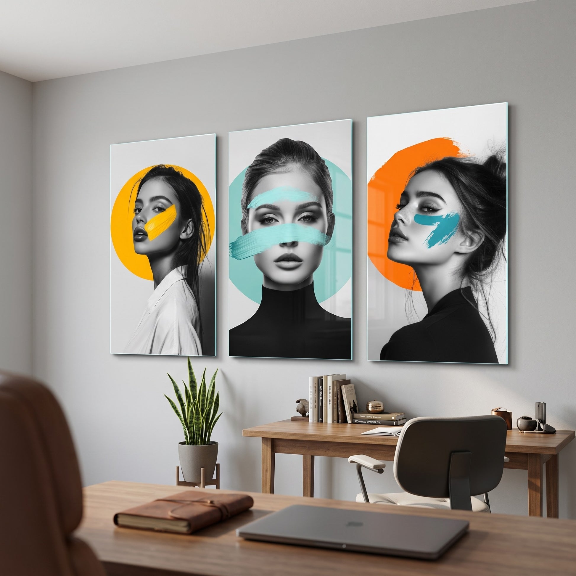Pop Art Portre Renk Lekesi 3 Parça Dikey 3'lü Set Cam Tablo