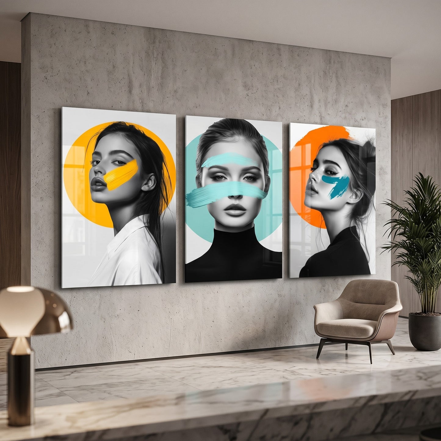 Pop Art Portre Renk Lekesi 3 Parça Dikey 3'lü Set Cam Tablo