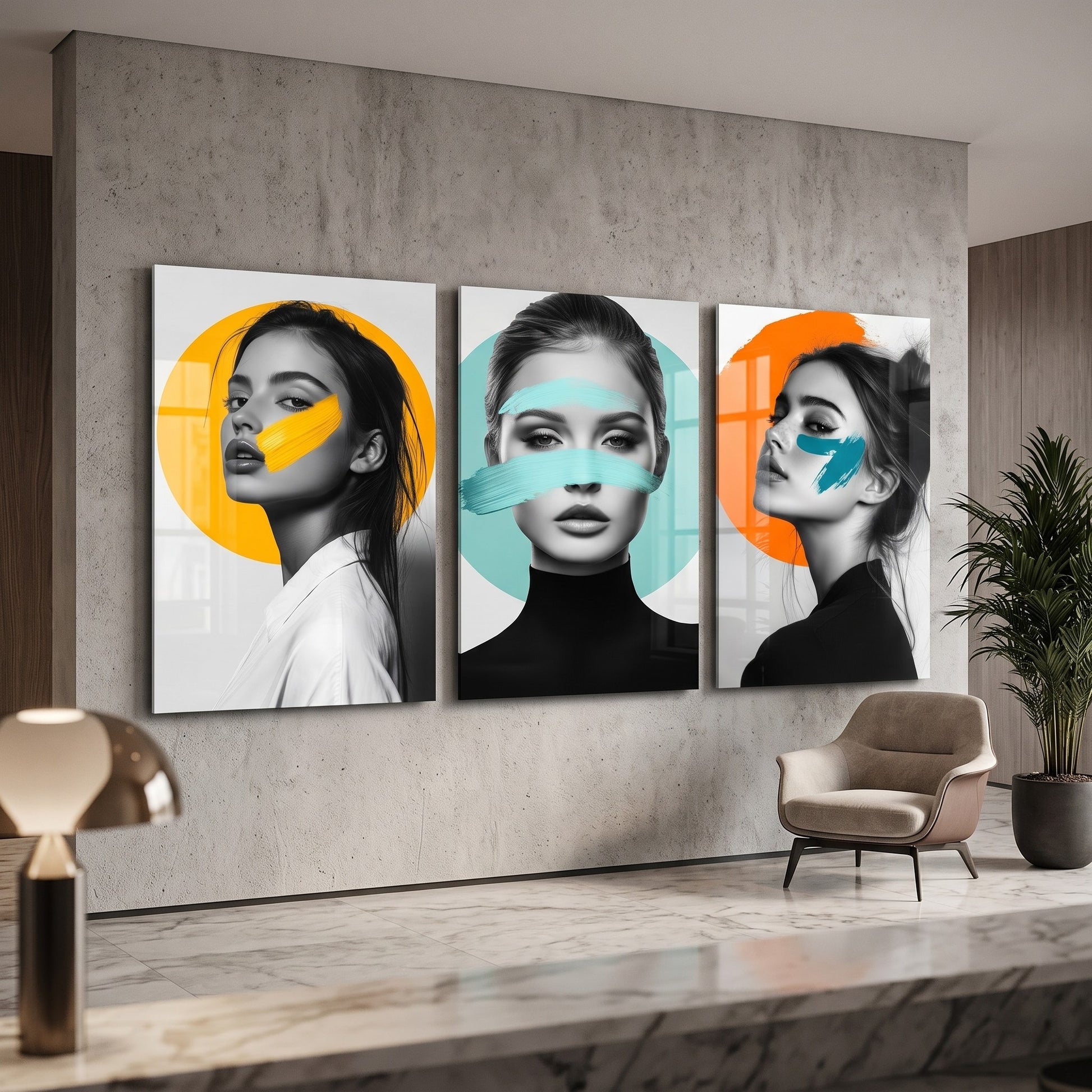 Pop Art Portre Renk Lekesi 3 Parça Dikey 3'lü Set Cam Tablo