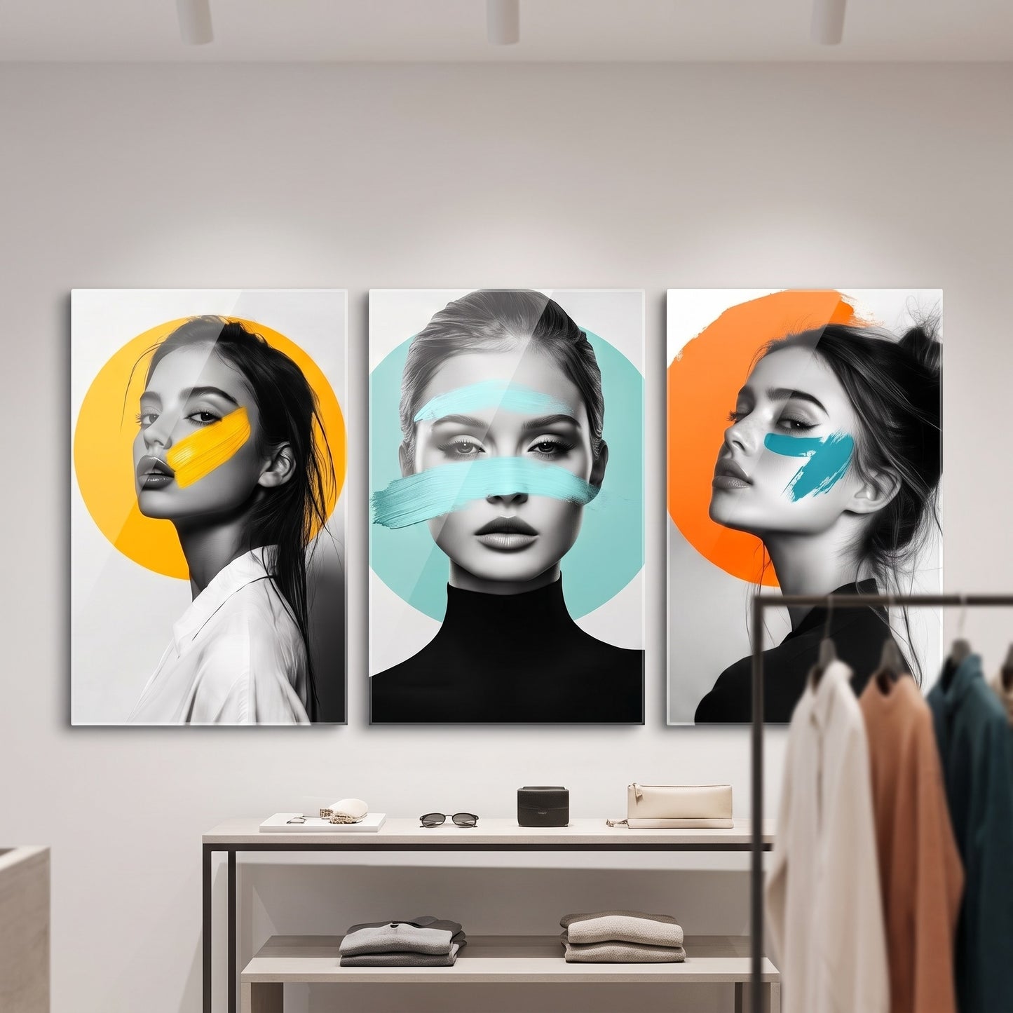 Pop Art Portre Renk Lekesi 3 Parça Dikey 3'lü Set Cam Tablo