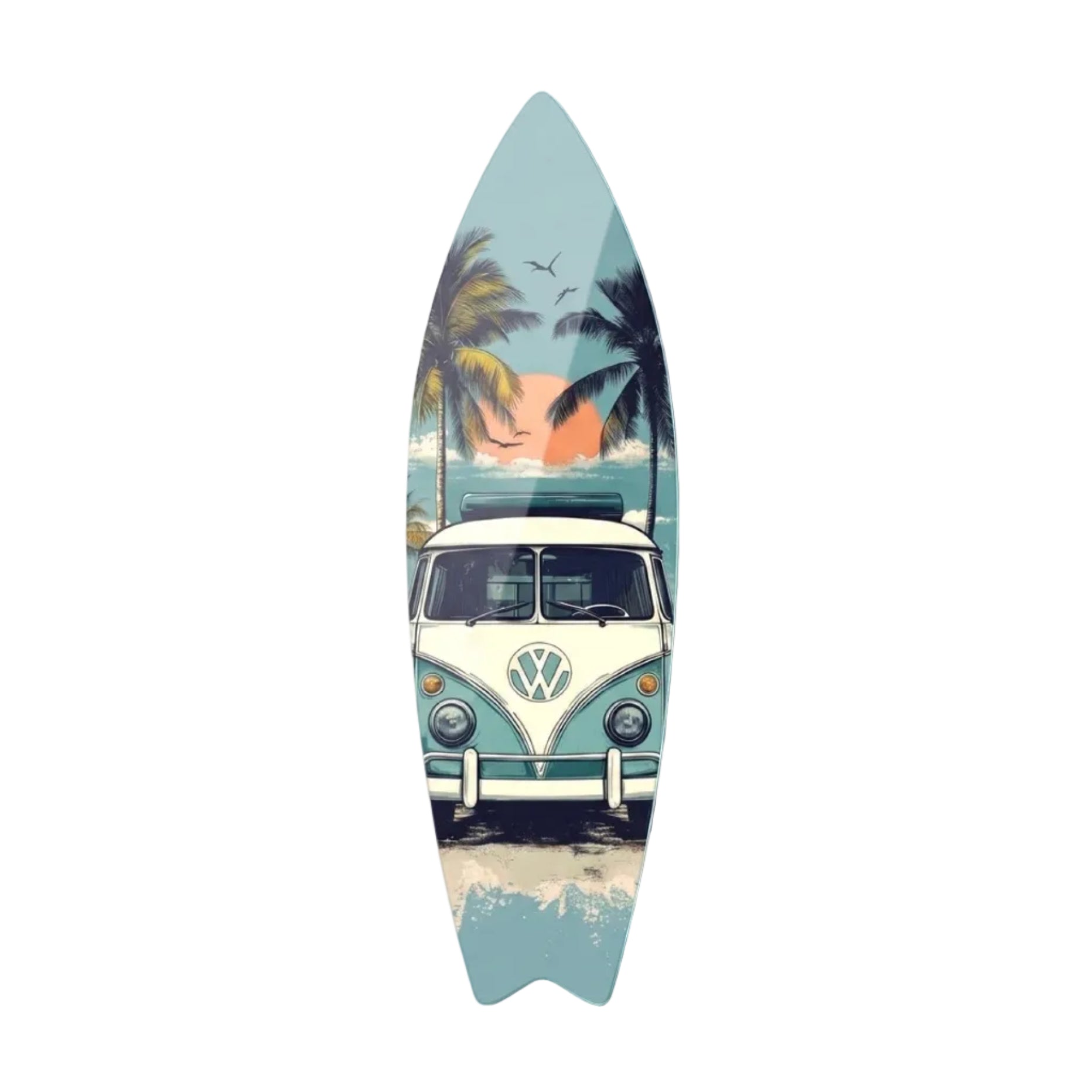 Vw T1 Karavan Retro Plaj Manzarası Surf Board Cam Tablo