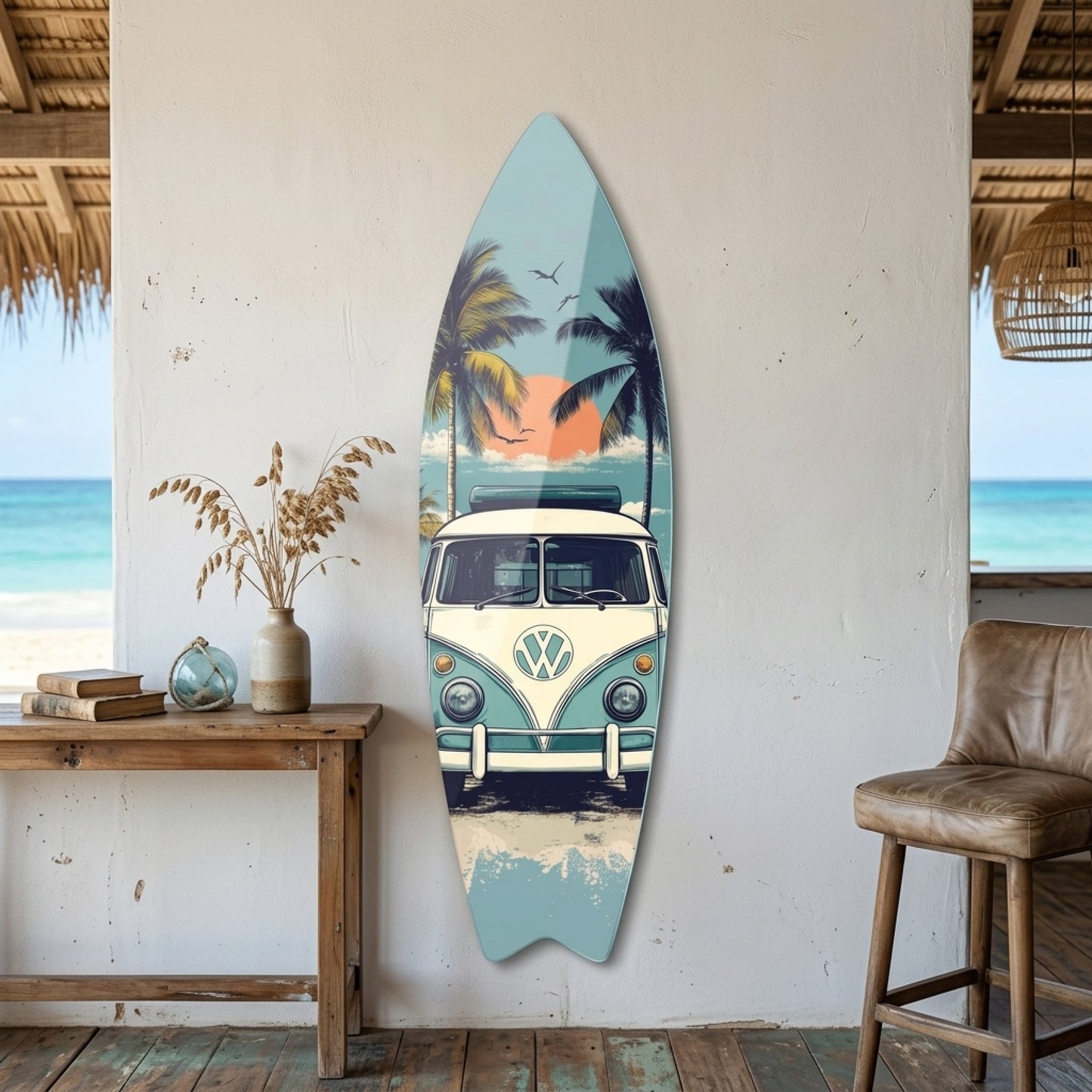 Vw T1 Karavan Retro Plaj Manzarası Surf Board Cam Tablo