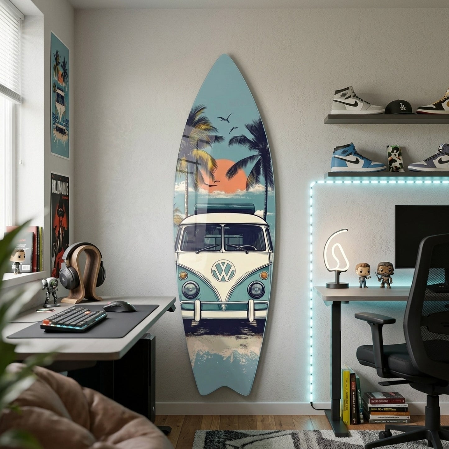 Vw T1 Karavan Retro Plaj Manzarası Surf Board Cam Tablo