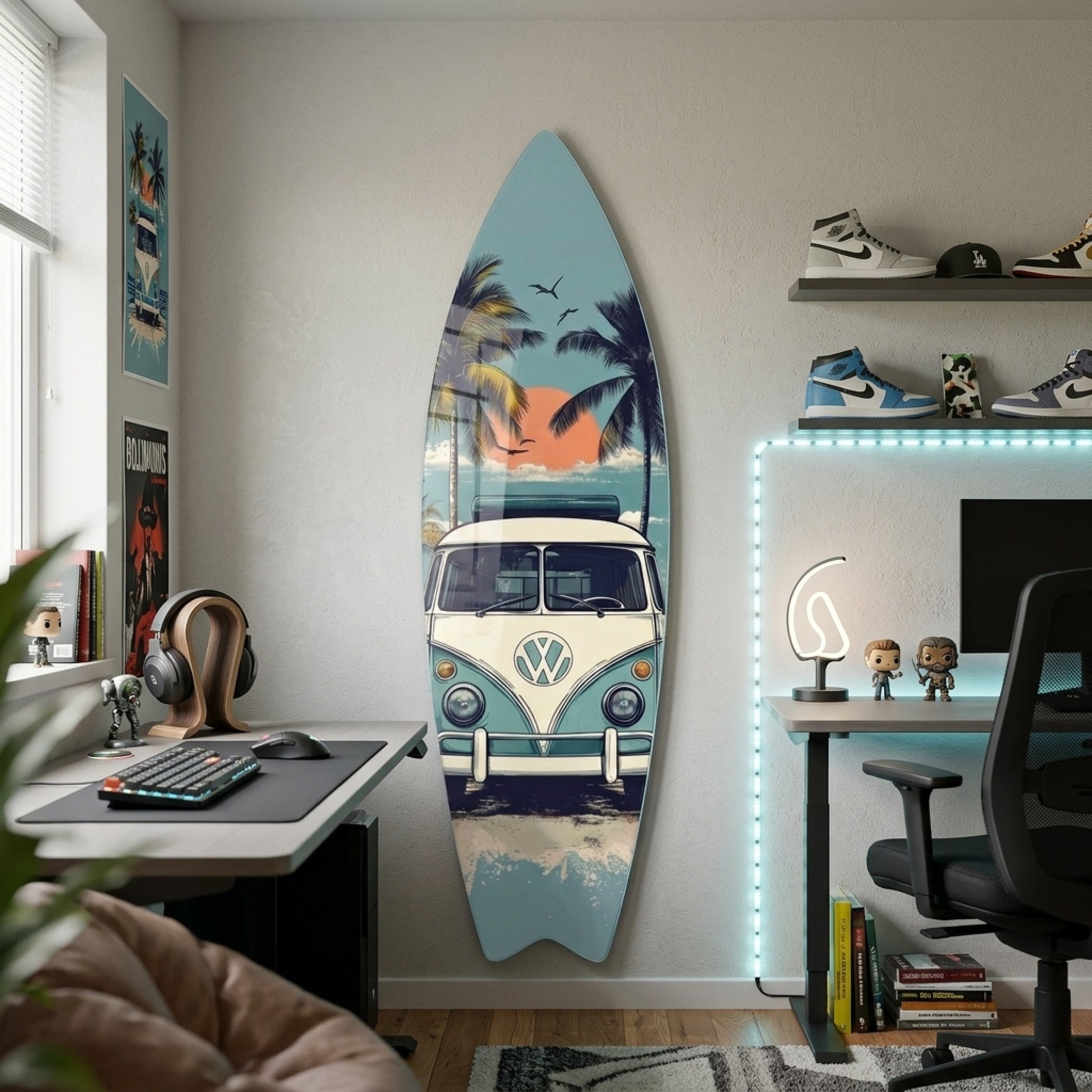 Vw T1 Karavan Retro Plaj Manzarası Surf Board Cam Tablo