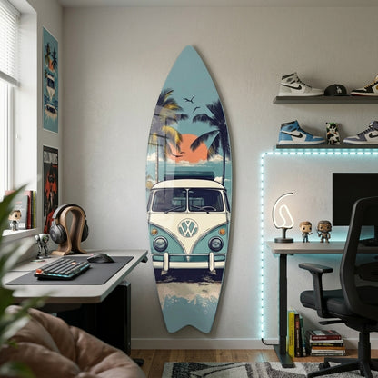 Vw T1 Karavan Retro Plaj Manzarası Surf Board Cam Tablo