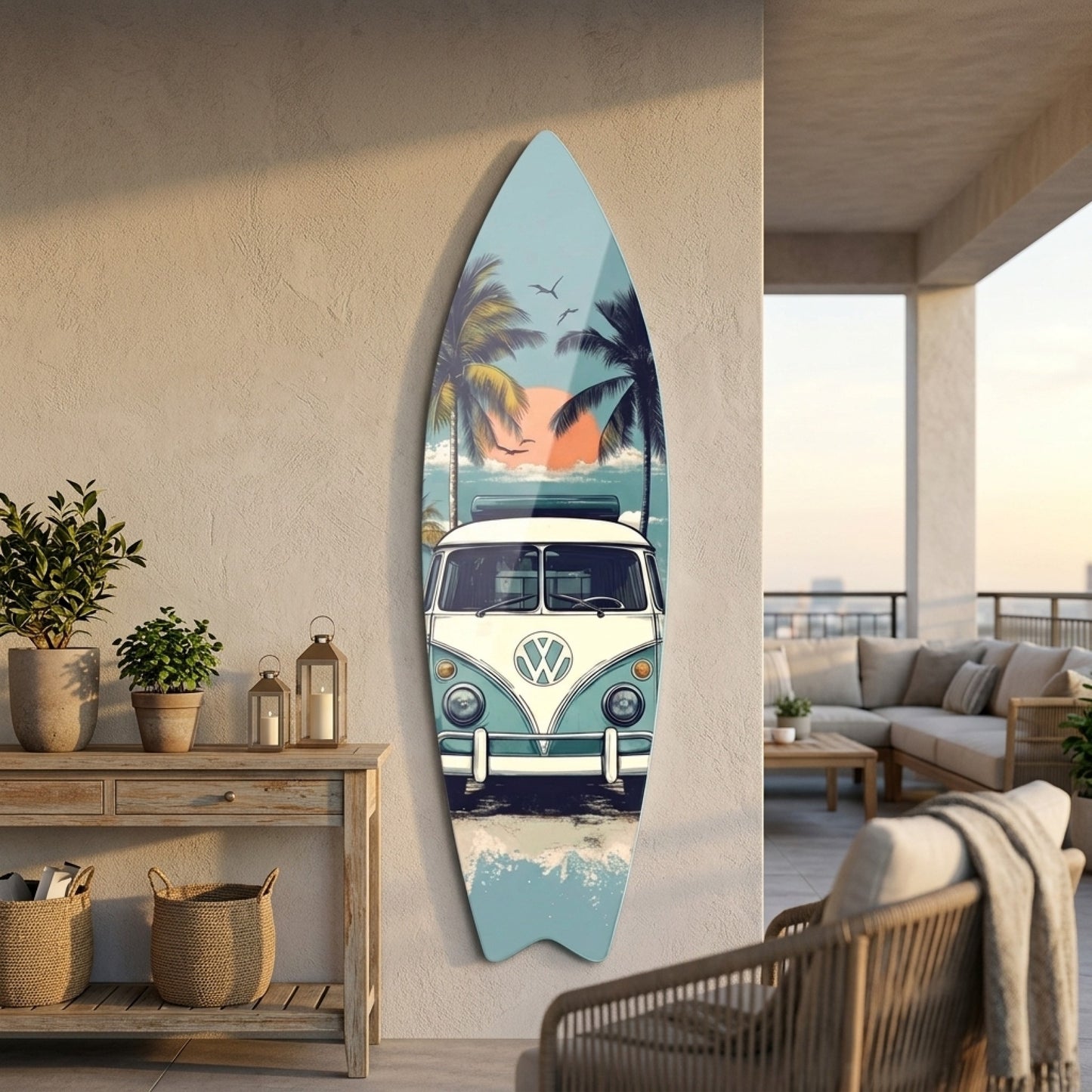 Vw T1 Karavan Retro Plaj Manzarası Surf Board Cam Tablo