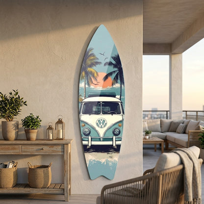 Vw T1 Karavan Retro Plaj Manzarası Surf Board Cam Tablo