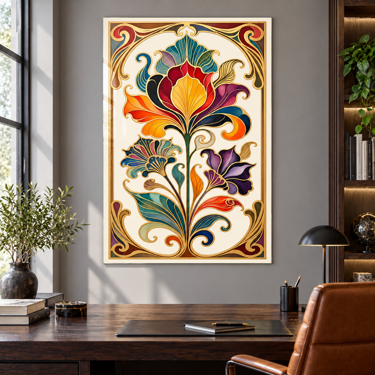 Gold Bordürlü Renkli Art Nouveau Çiçekler Dikey Cam Tablo — Çalışma odası