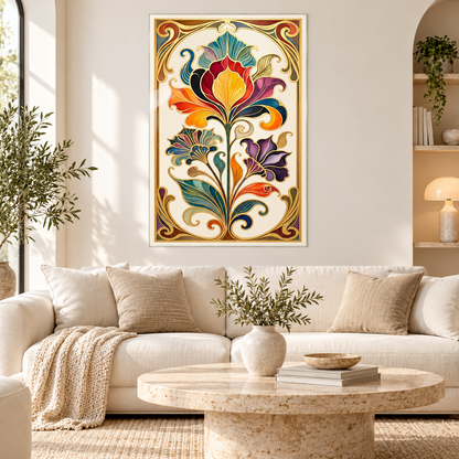 Gold Bordürlü Renkli Art Nouveau Çiçekler Dikey Cam Tablo — Premium salon