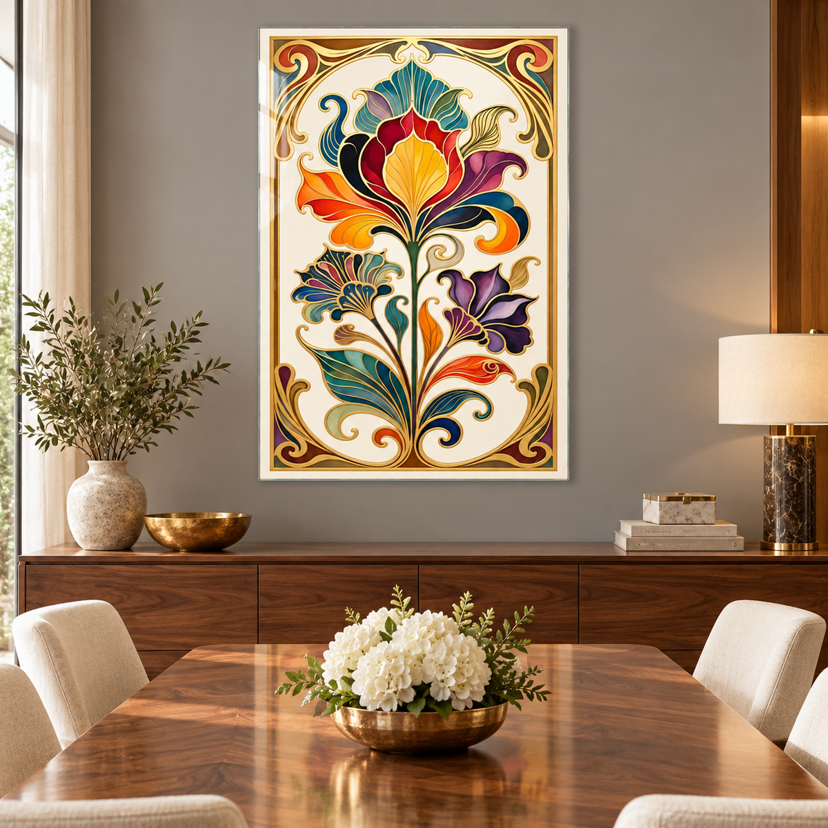 Gold Bordürlü Renkli Art Nouveau Çiçekler Dikey Cam Tablo — Yemek odası