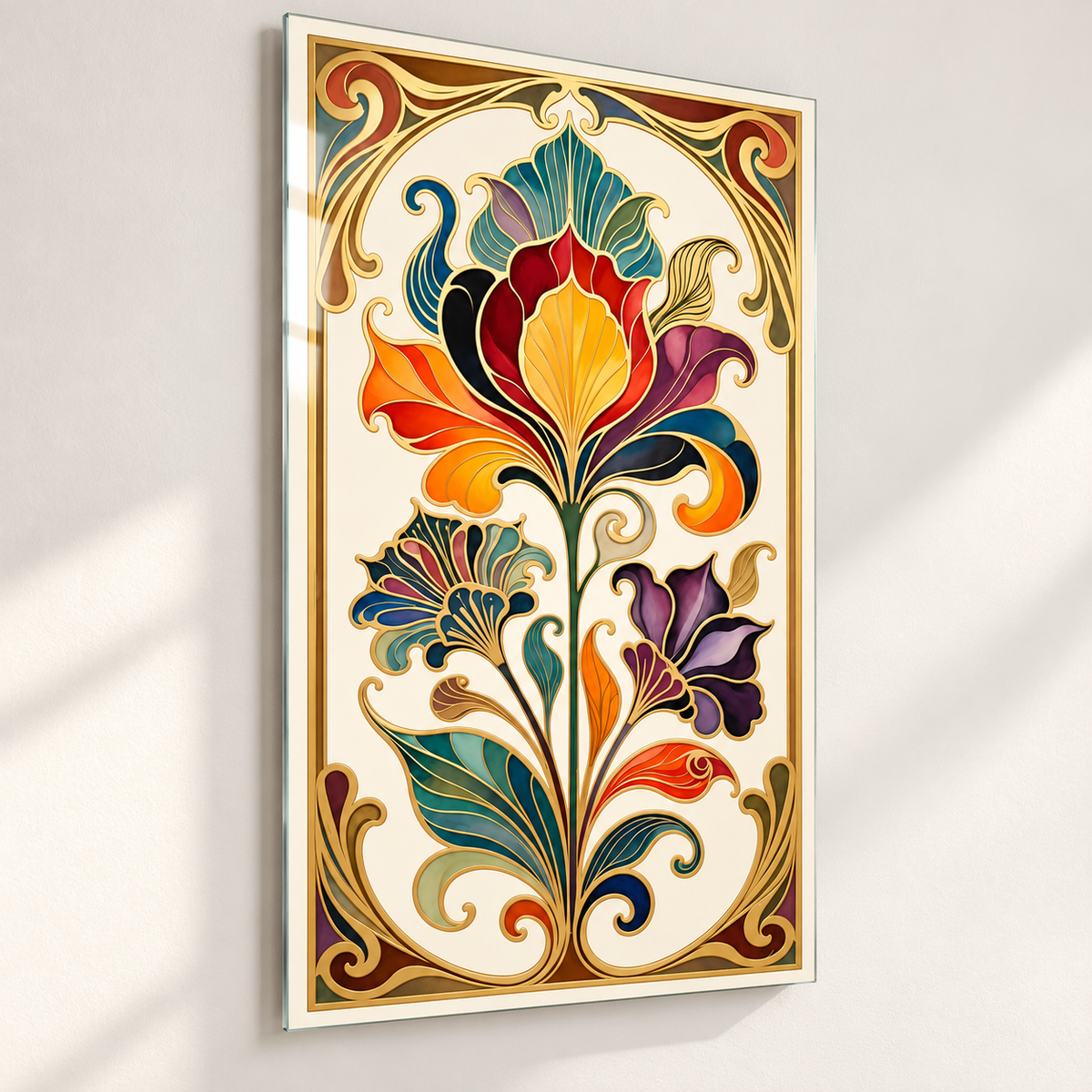 Gold Bordürlü Renkli Art Nouveau Çiçekler Dikey Cam Tablo — Yüzer tablo duvar mesafesi