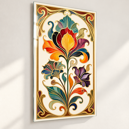 Gold Bordürlü Renkli Art Nouveau Çiçekler Dikey Cam Tablo — Yüzer tablo duvar mesafesi