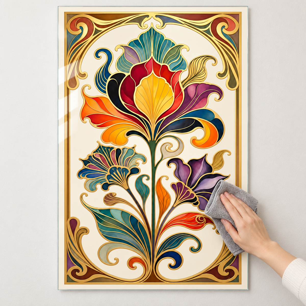 Gold Bordürlü Renkli Art Nouveau Çiçekler Dikey Cam Tablo — Mikrofiber bezle temizlik