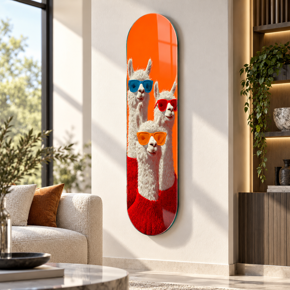 Gözlüklü alpakalar Skate Board cam tablo - modern salonda görünüm