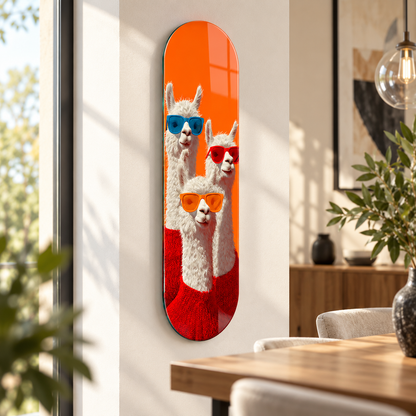 Gözlüklü alpakalar Skate Board cam tablo - farklı modern mekânda görünüm