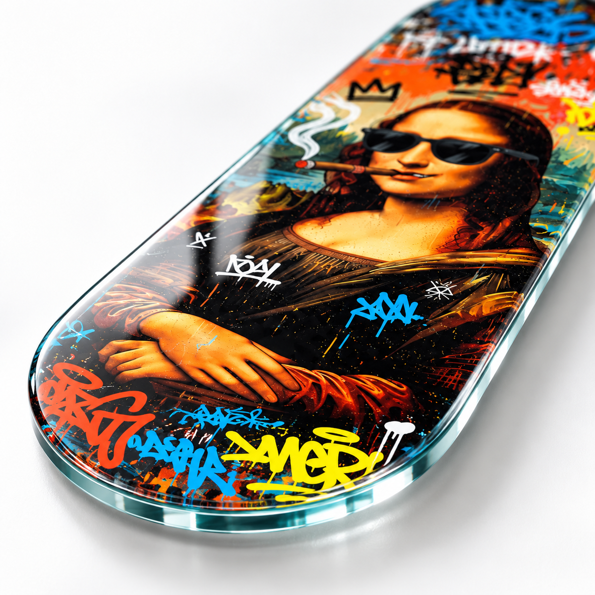 4 mm Ultra Clear rodajlı cam kenar detayı - Graffiti Mona Lisa