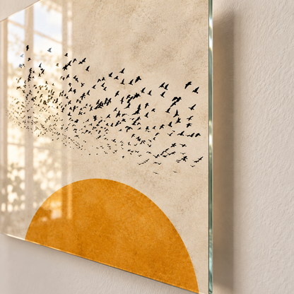 CAMDEKO Hardal Güneş, Ağaç ve Kuşlar Üçlü Cam Tablo — Duvar mesafesi