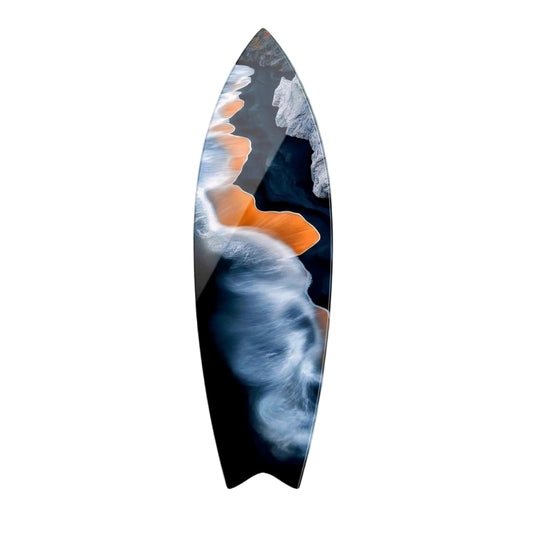 Soyut Dalga ve Turuncu Sahil Manzarasi Surf Board Cam Tablo