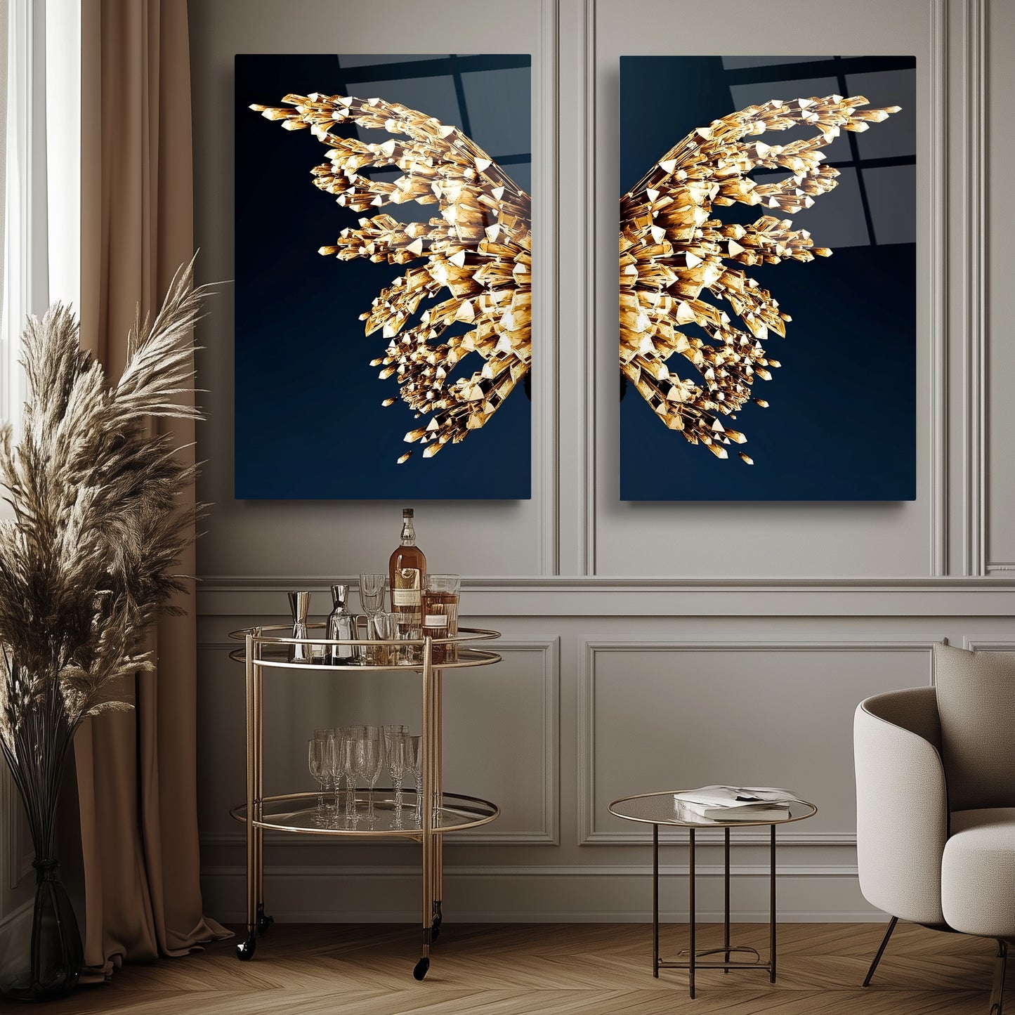 Gold Kristal Melek Kanatları İkili Set Cam Tablo