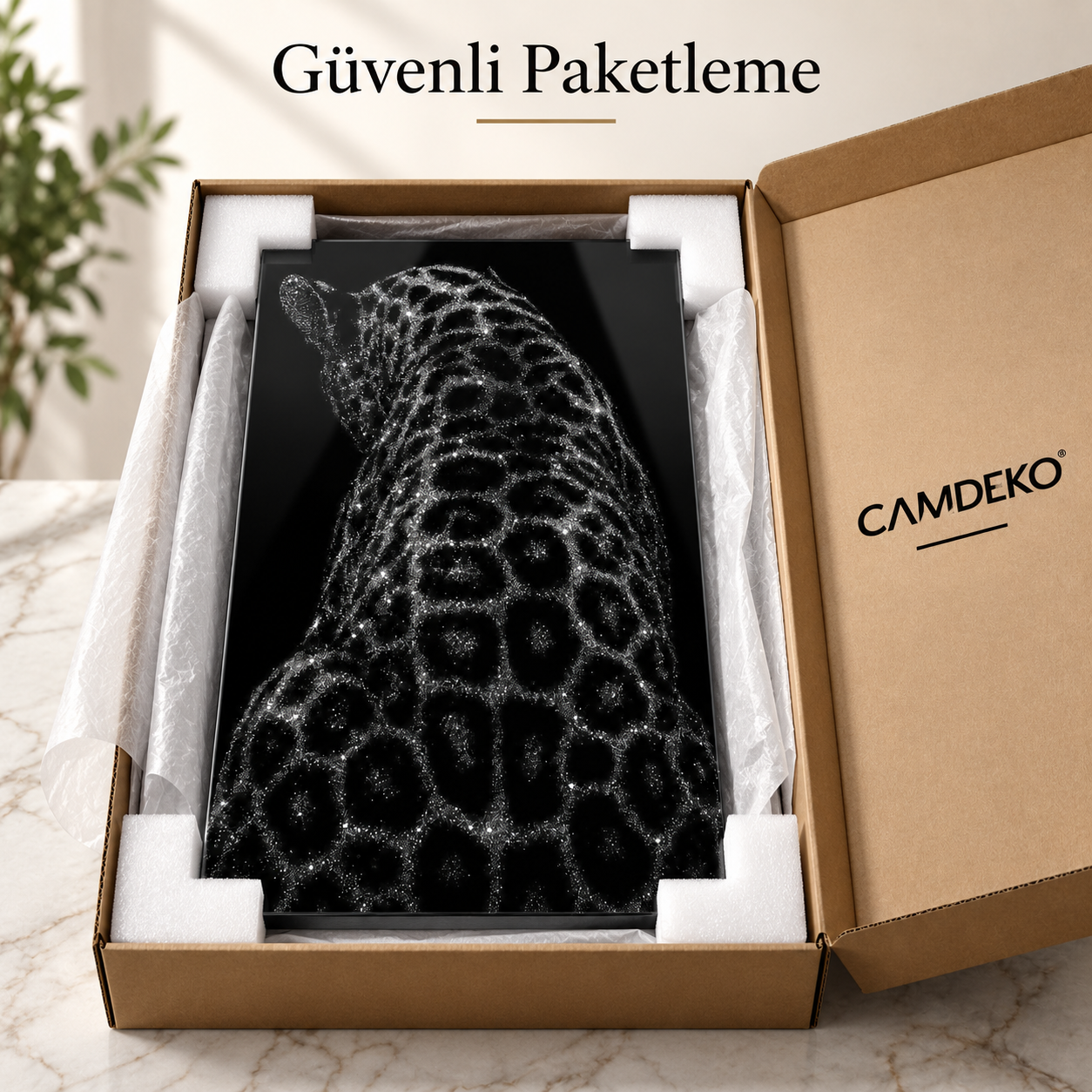 CAMDEKO güvenli paketleme ve korumalı gönderim ışıltılı leopar cam tablo