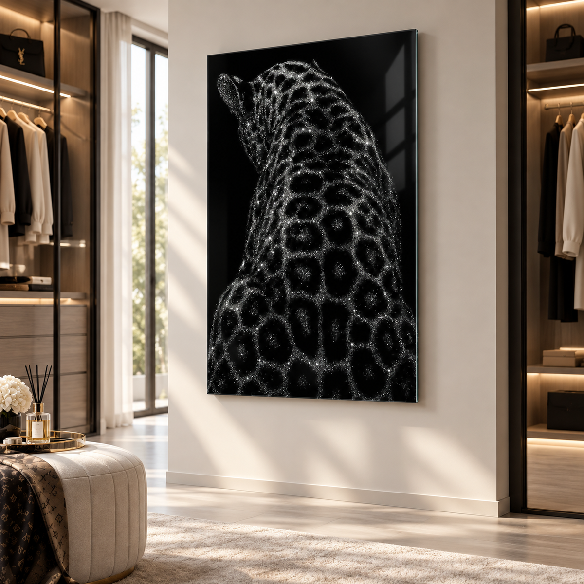 Işıltılı leopar cam tablo lüks giyinme odası mockup