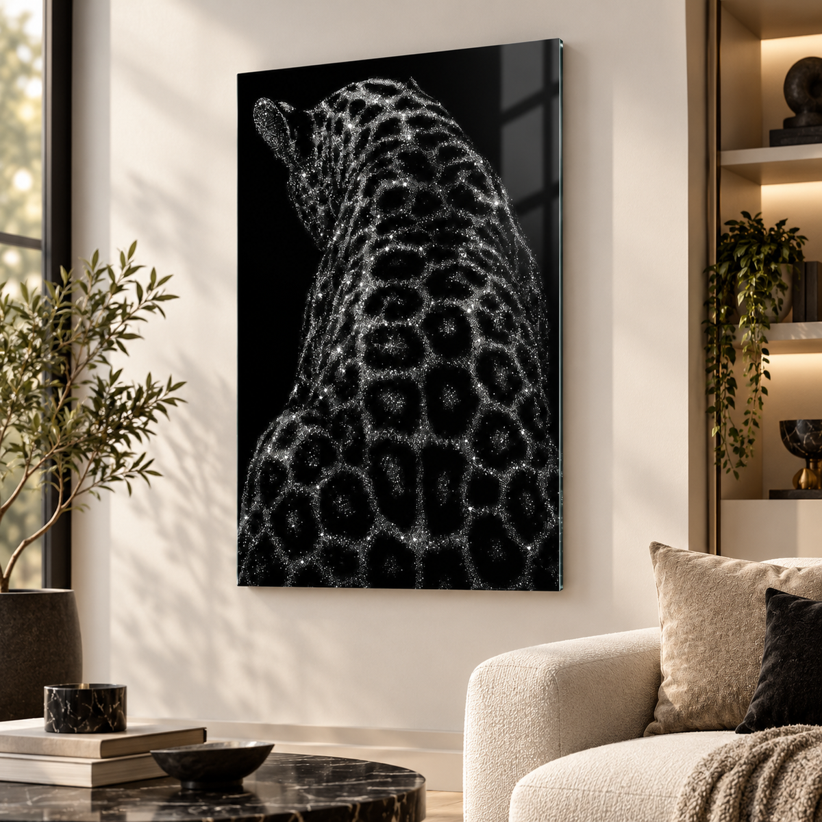 Işıltılı leopar cam tablo lüks salon mockup
