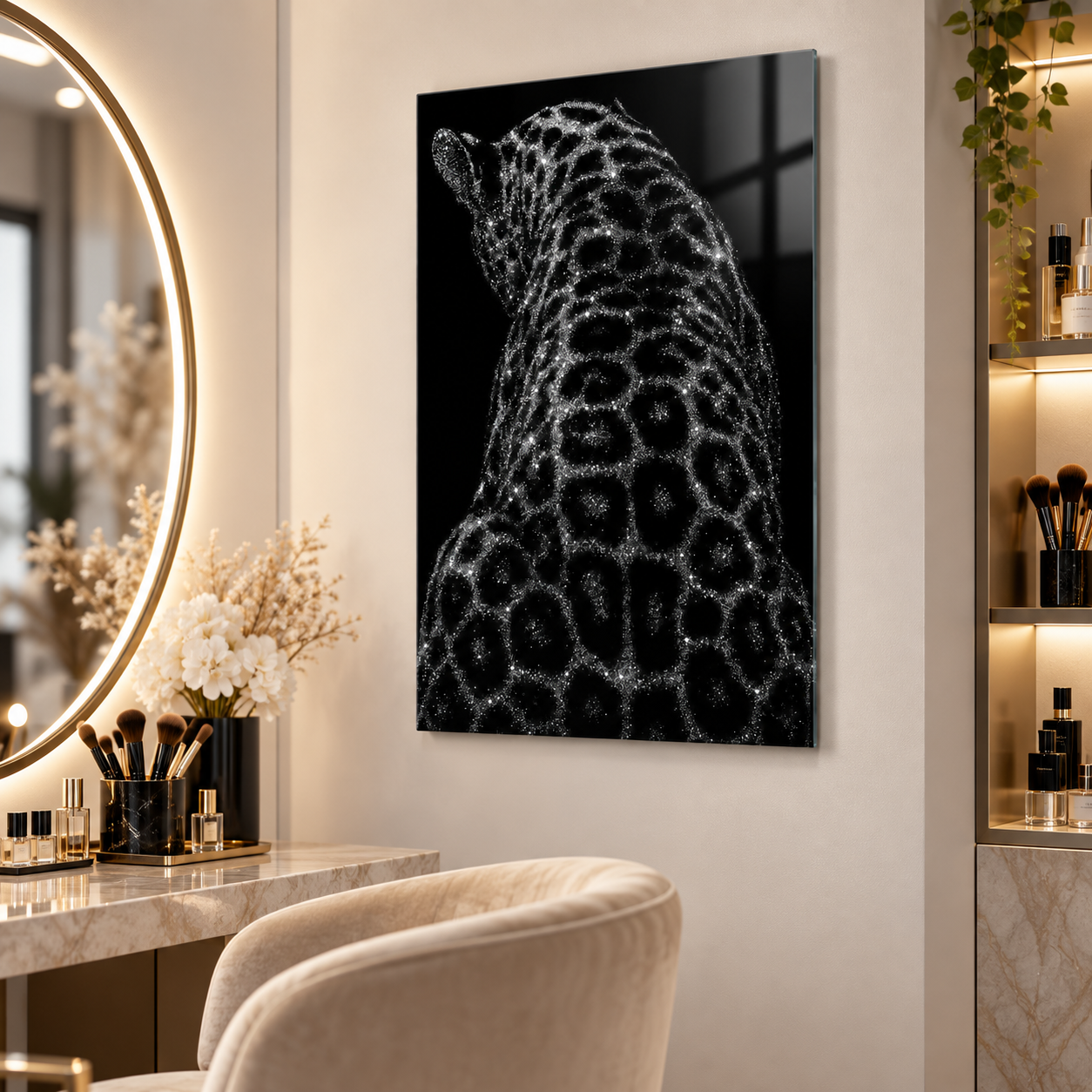 Işıltılı leopar cam tablo premium güzellik odası mockup