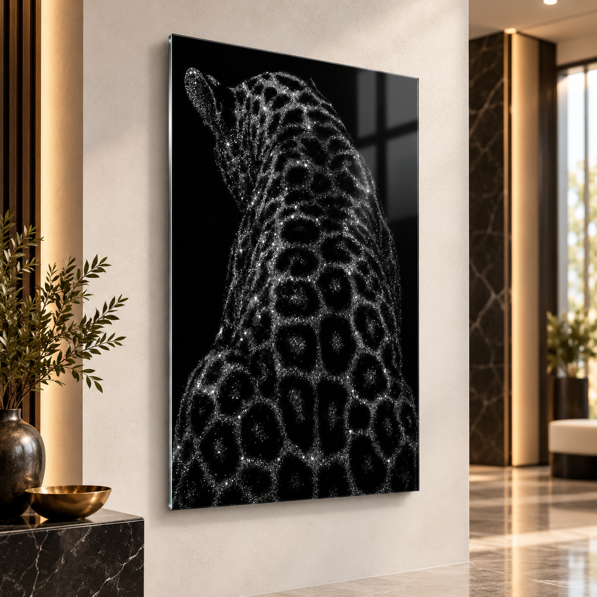 Işıltılı leopar cam tablo premium iç mekan mockup