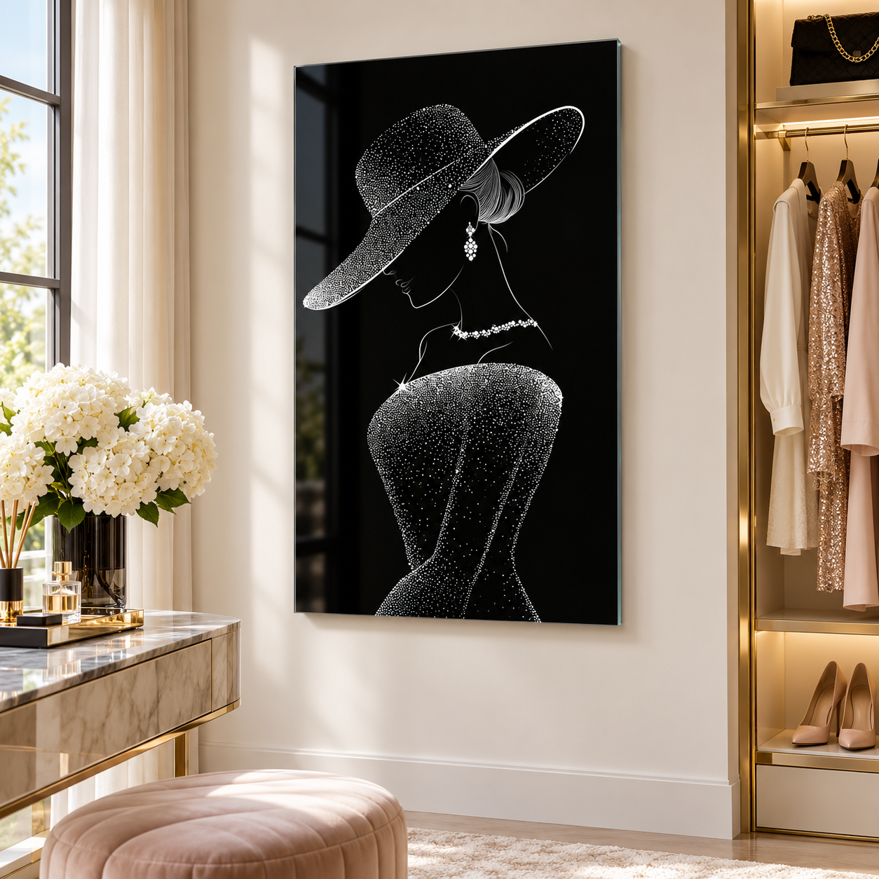 Işıltılı şapkalı kadın silüeti cam tablo premium iç mekan mockup