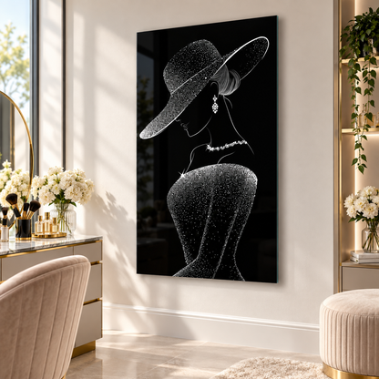 Işıltılı şapkalı kadın silüeti cam tablo lüks makyaj odası mockup