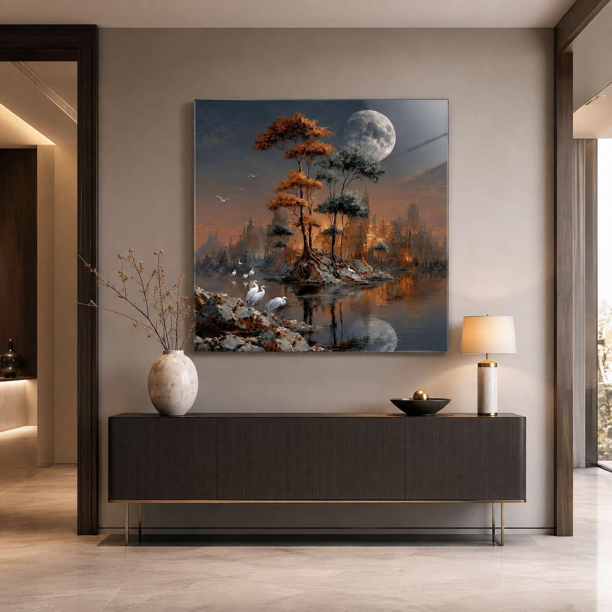 Gizemli kadim şehir ve balıkçıl kuşları kare cam tablo premium antre dekorasyonu