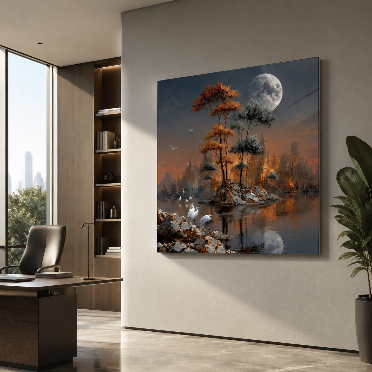 Gizemli kadim şehir ve balıkçıl kuşları kare cam tablo modern ofis dekorasyonu