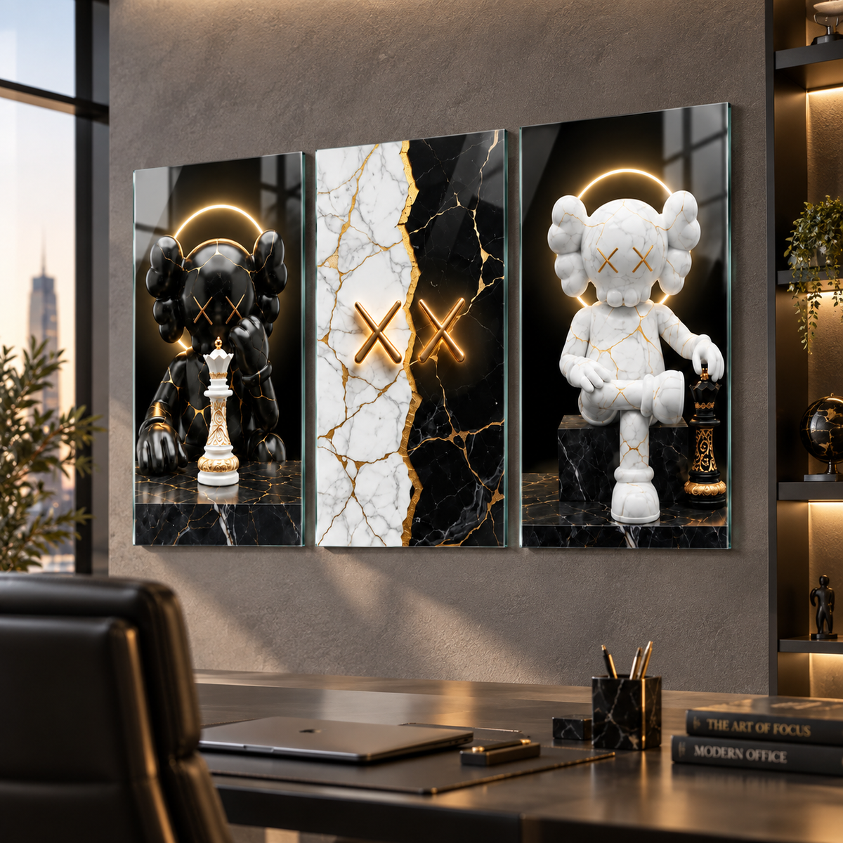 KAWS satranç temalı siyah beyaz gold 3'lü cam tablo premium çalışma odası