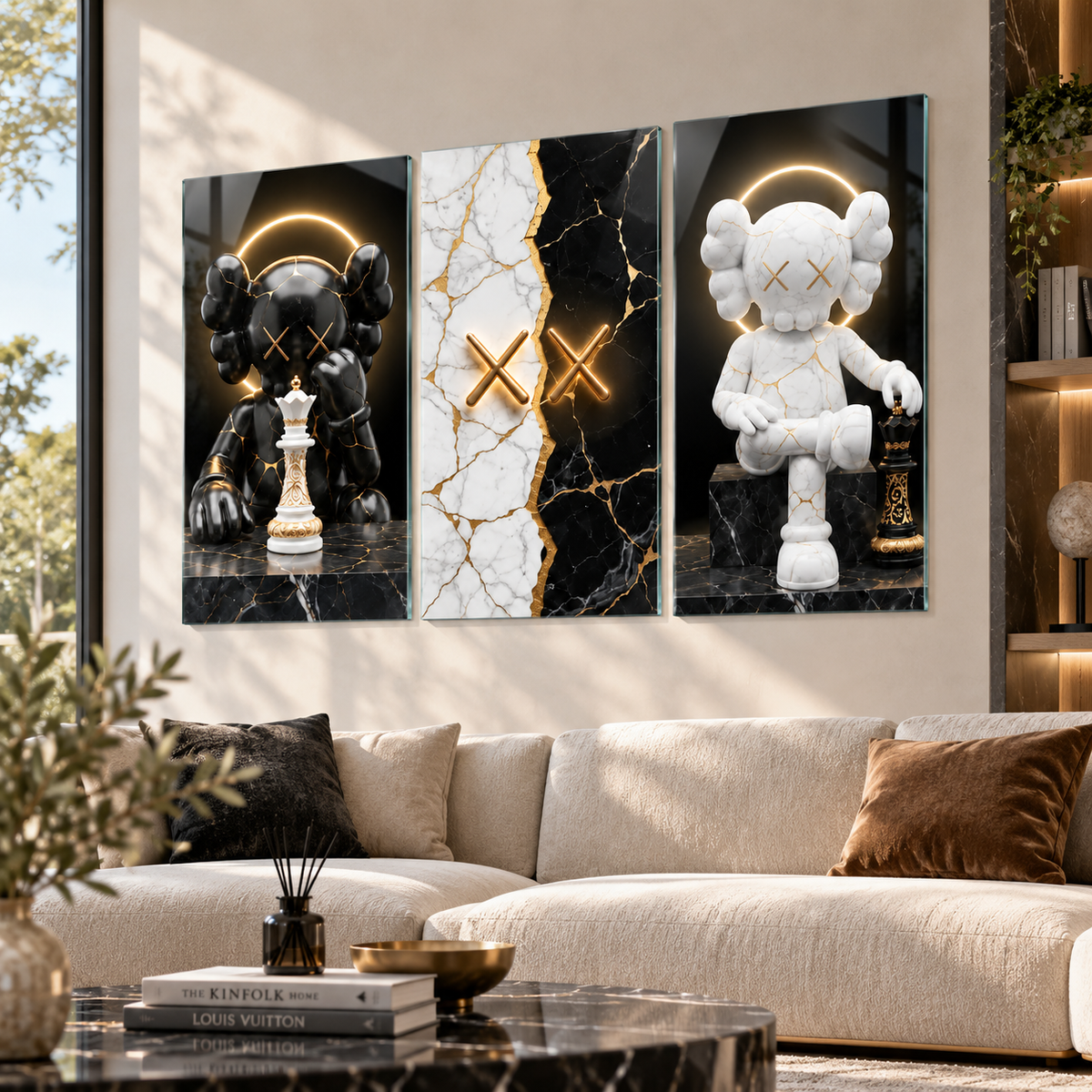 KAWS satranç temalı siyah beyaz gold 3'lü cam tablo premium salon