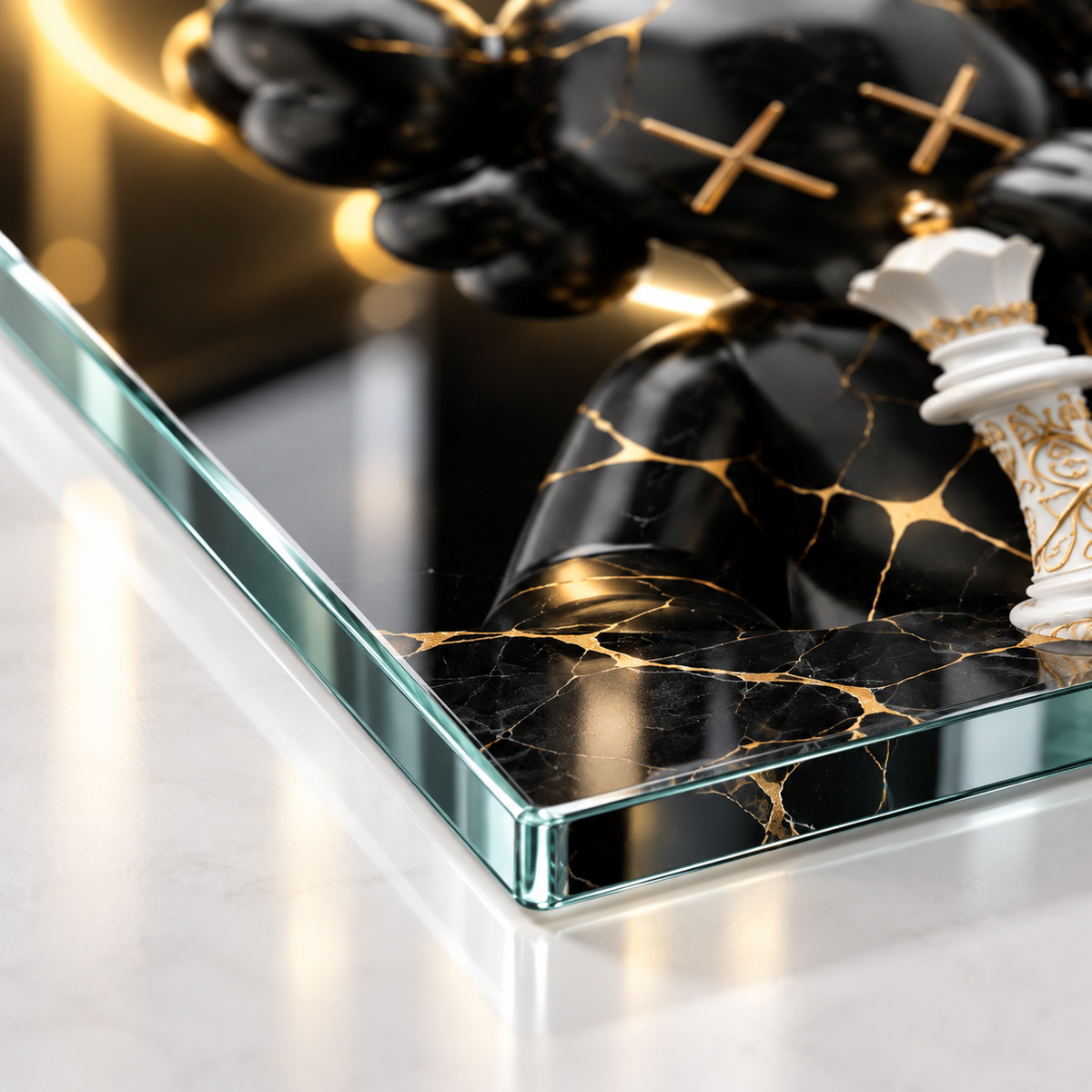 CAMDEKO 4 mm Ultra Clear temperli cam ince rodajlı kenar KAWS satranç detayı