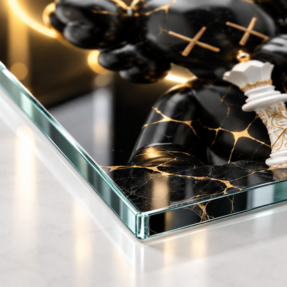 CAMDEKO 4 mm Ultra Clear temperli cam ince rodajlı kenar KAWS satranç detayı