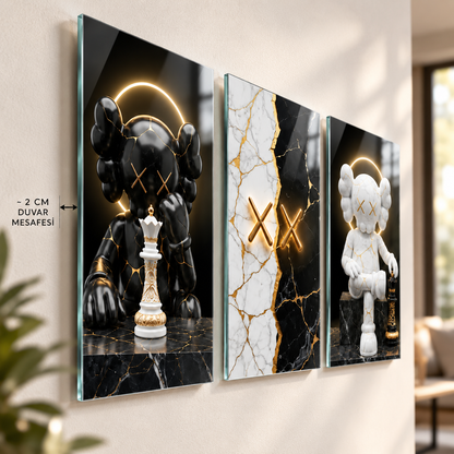 CAMDEKO KAWS satranç üçlü cam tablo yaklaşık 2 cm duvar mesafesi