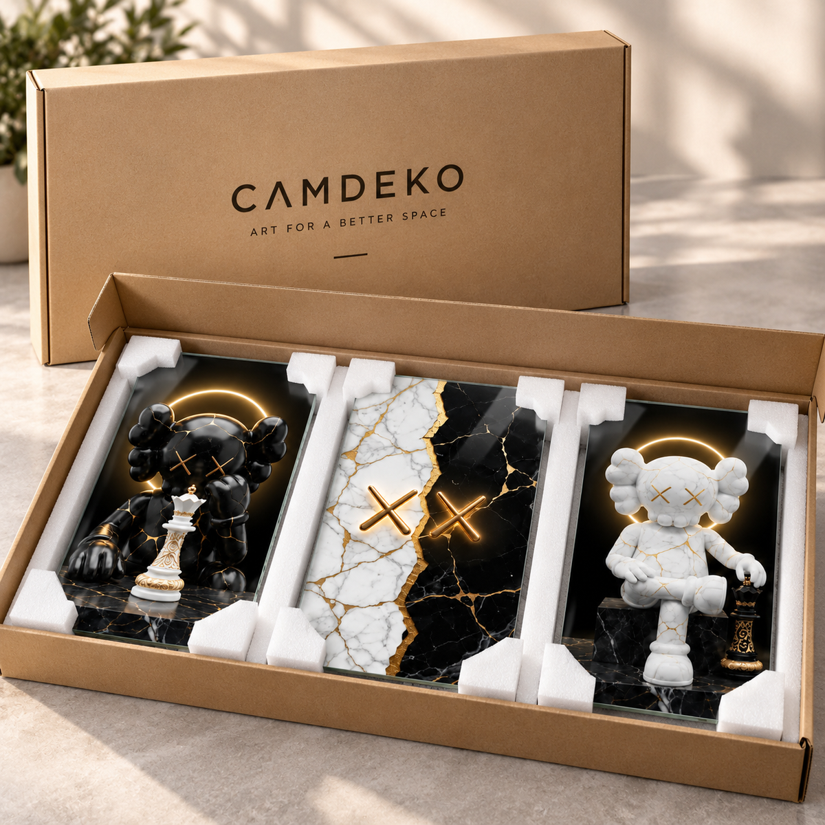 CAMDEKO KAWS satranç üçlü cam tablo sade korumalı paketleme