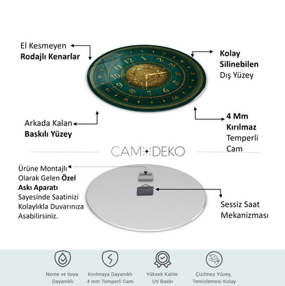 Yeşil Gold Detay Cam Duvar Saati